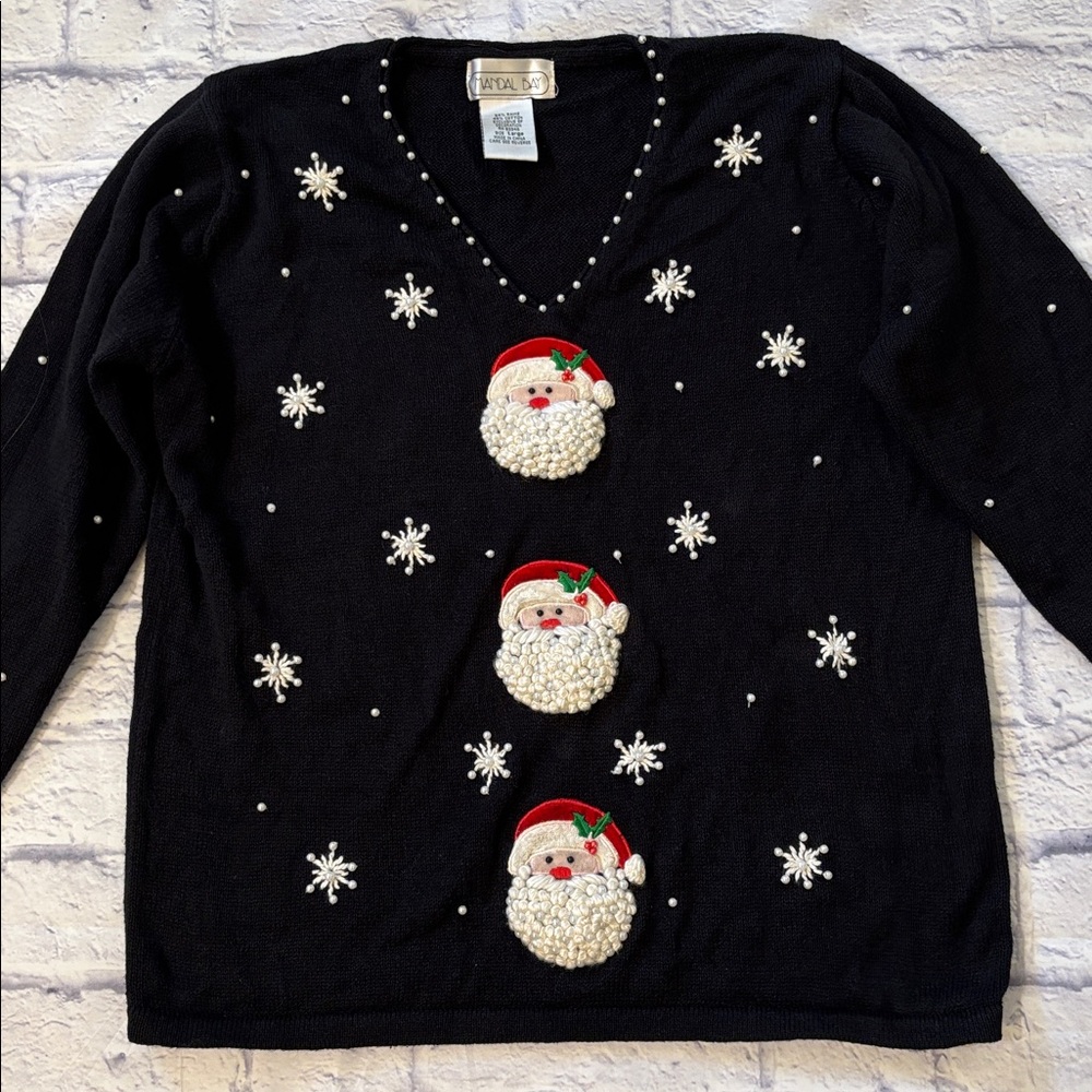 Vintage Mandal Bay Christmas Sweater Black Pearl Embellished Santa Claus Size L